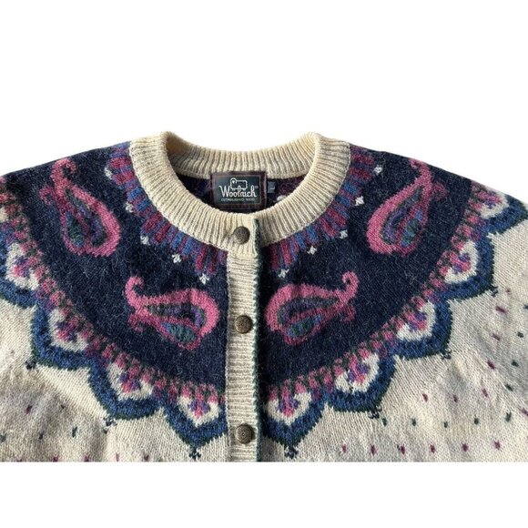 Vintage Woolrich Woman's Sz L Cream Blue Paisley Wool Blend Button Cardigan - Picture 4 of 11